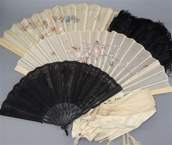 A boxed ivory fan, three other fans and a quantity of ladys gloves